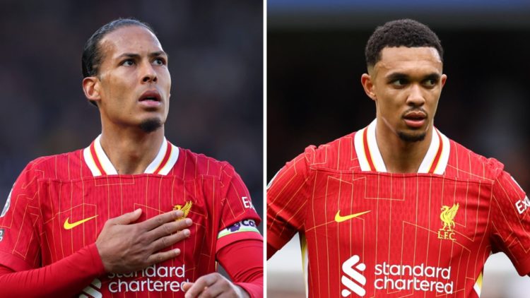 Virgil van Dijk taps the Liverpool badge while playing against Fulham at Craven Cottage. Trent Alexander-Arnold stands with his hands on hips while...