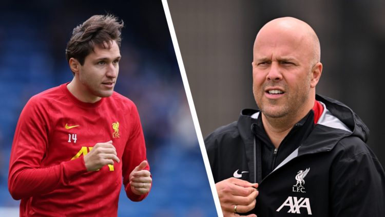 Liverpool winger Federico Chiesa and Liverpool manager Arne Slot
