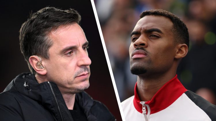 Pundit Gary Neville with Liverpool midfielder Ryan Gravenberch