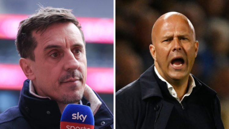 Left: Gary Neville working as a pundit for Sky Sports. Right: Arne Slot on the touchline for Liverpool against Brighton.