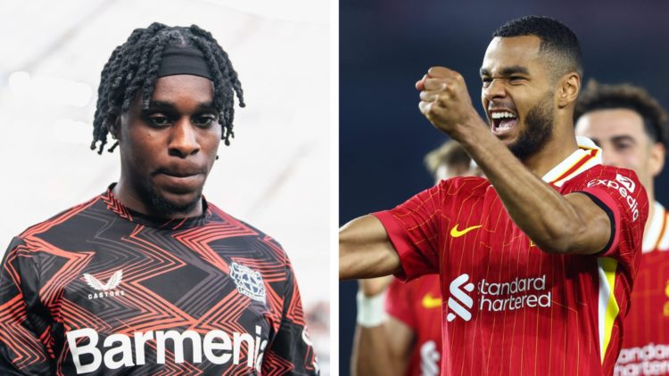 Bayer Leverkusen defender Jeremie Frimpong and Liverpool attacker Cody Gakpo
