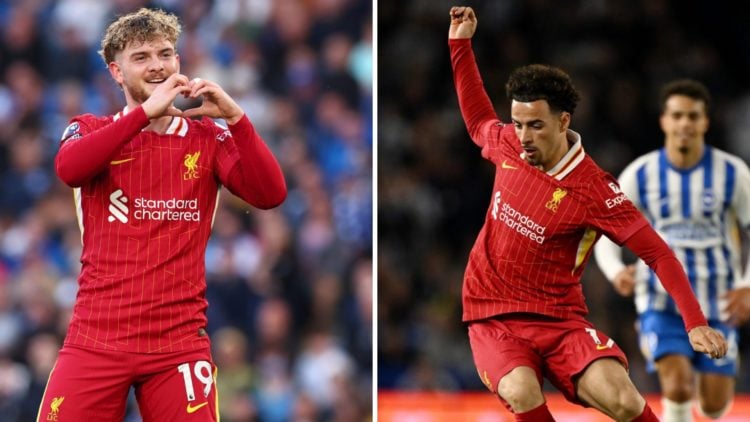 Left: Harvey Elliott making a heart gesture in Liverpool kit. Right: Curtis Jones caught in action against Brighton.