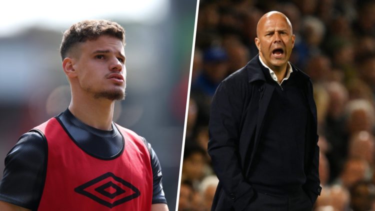 Left: Milos Kerkez in his Bournemout training gear Right: Arne Slot caught looking animated on the sidelines.