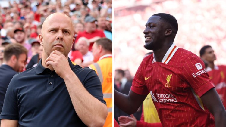 Left: Arne Slot looking confused on the Liverpool sideline Right: Ibrahima Konate caught in celebration on the pitch
