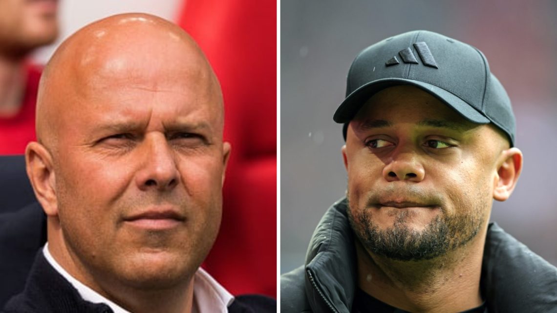 Bayern Munich manager Vincent Kompany and Liverpool manager Arne Slot