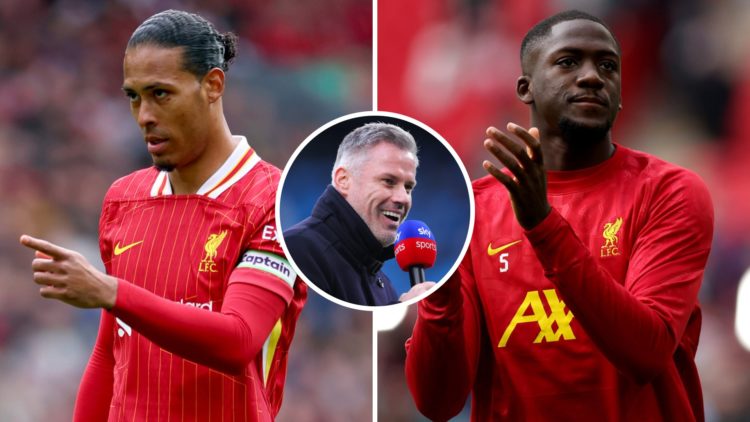 Left: Virgil van Dijk playing for Liverpool against West Ham United. Right: Ibrahima Konate warming up for Liverpool. Inset: Jamie Carragher workin...