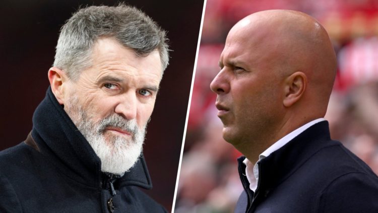 Left: Roy Keane working as a pundit. Right: Liverpool manager Arne Slot looks on from the Anfield touchline before a Premier League match.