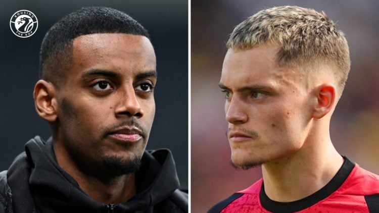 Alexander Isak looks on before Newcastle United's Carabao Cup semi-final with Arsenal at St James' Park. Florian Wirtz of Bayer Leverkusen in Bunde...
