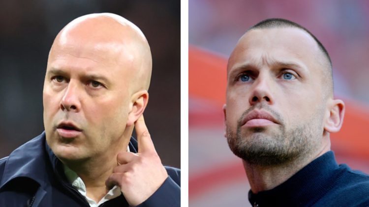 Arne Slot reacts at the end of the 2025 Carabao Cup final between Liverpool and Newcastle at Wembley. Ajax coach John Heitinga at the De Grolsch Ve...