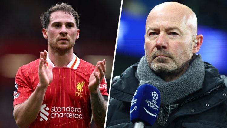 Left: Alexis Mac Allister clapping after a Liverpool game. Right: Alan Shearer looking concentrated on his punditry duties.
