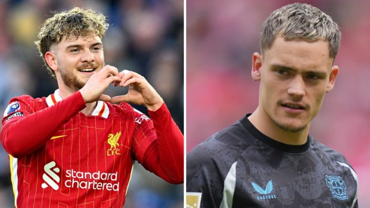 Left: Harvey Elliott making a heart gesture in Liverpool kit. Right: Florian Wirtz caught in action for Bayer Leverkusen.