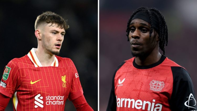 Liverpool defender Conor Bradley and Bayer Leverkusen defender Jeremie Frimpong