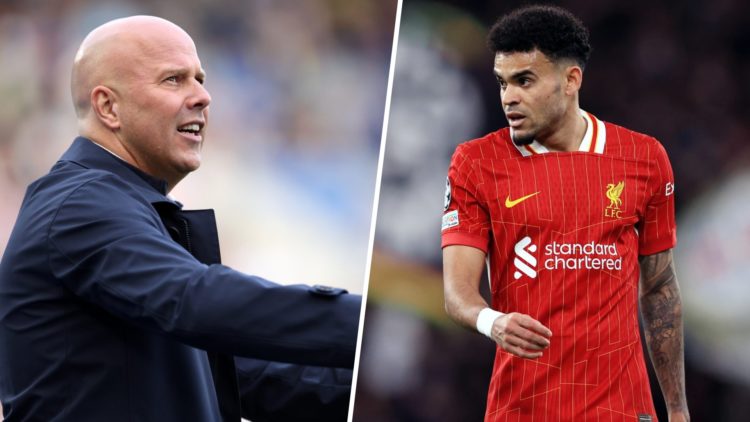 Left: Arne Slot on the Liverpool touchline giving instructions to his team. Right: Luis Diaz pictured in action for Liverpool.