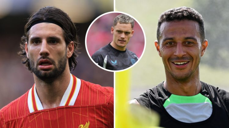 Dominik Szoboszlai in action for Liverpool against Chelsea at Stamford Bridge. Liverpool midfielder Thiago Alcantara smiles during a training sessi...