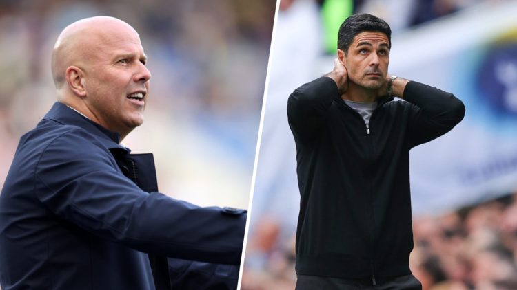 Left: Arne Slot on the Liverpool touchline giving his team instructions. Right: Mikel Arteta with his hands behind his neck looking demoralised.