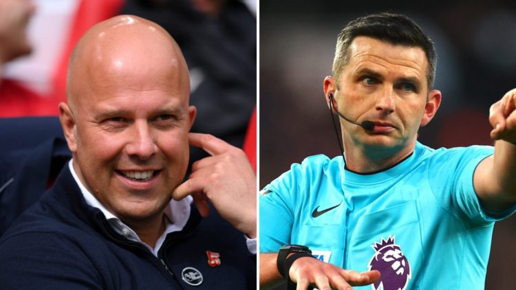 Left: Arne Slot sits on the Liverpool bench at Anfield ahead of a Premier League match. Right: Referee Michael Oliver points during a Premier Leagu...