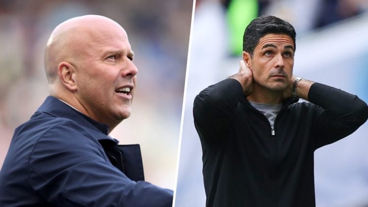 Left: Arne Slot gestures during the Premier League match between Leicester City and Liverpool. Right: Mikel Arteta holds his head in his hands duri...
