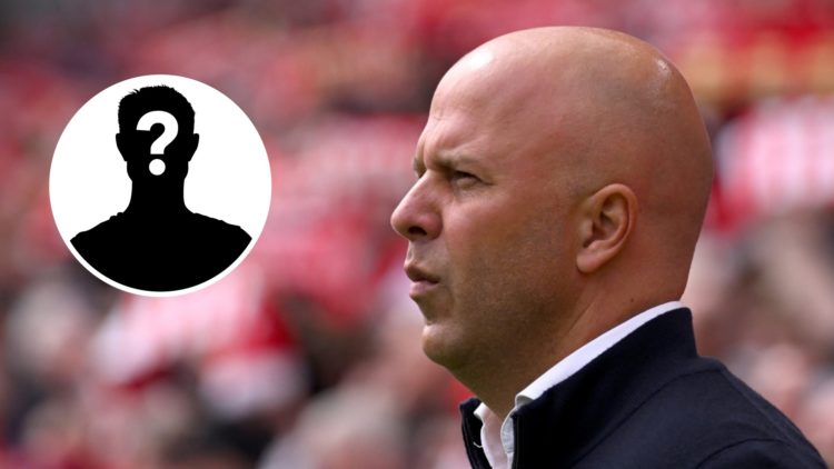 Main: Arne Slot on the Liverpool touchline looking confused. Insert: Mystery player.