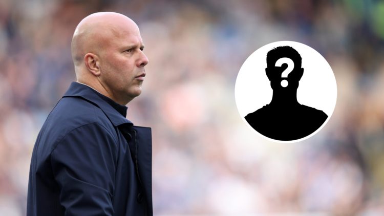 Main: Arne Slot on the Liverpool touchline looking confused during a game against Leicester City at the King Power Stadium. Insert: Mystery player.
