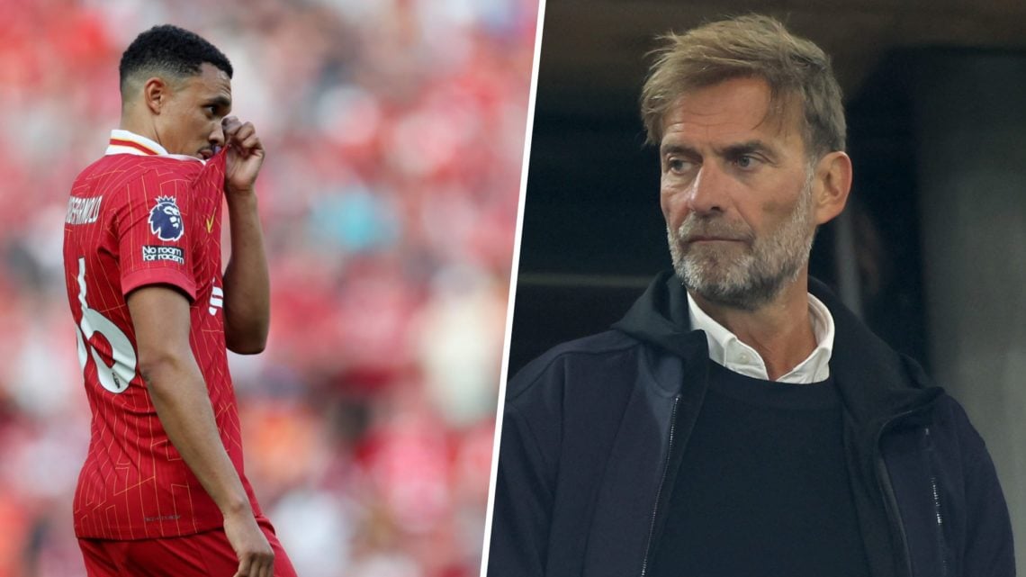 Left: Alexander-Arnold with his t-shirt over his face while playing for Liverpool. Right: Jurgen Klopp looking off into the distance in stadium sta...