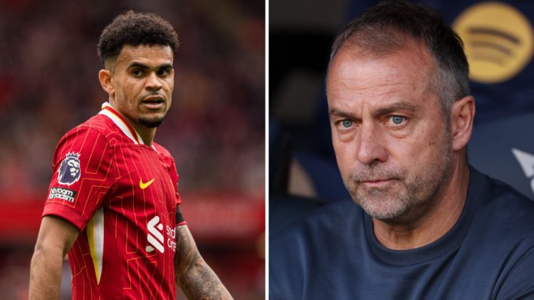 Left: Luis Diaz on the pitch for Liverpool. Right: Hansi Flick on the Barcelona touchline looking concentrated.