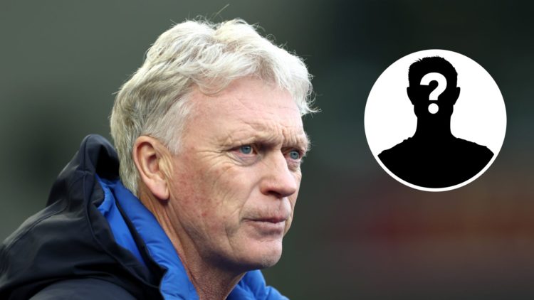 Main: Picture of David Moyes on the Everton touchline. Insert: Mystery player.