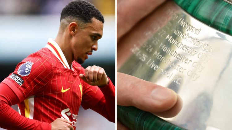 Trent Alexander-Arnold runs during Liverpool's Premier League match against Chelsea at Stamford Bridge. The Premier League trophy is engraved with ...