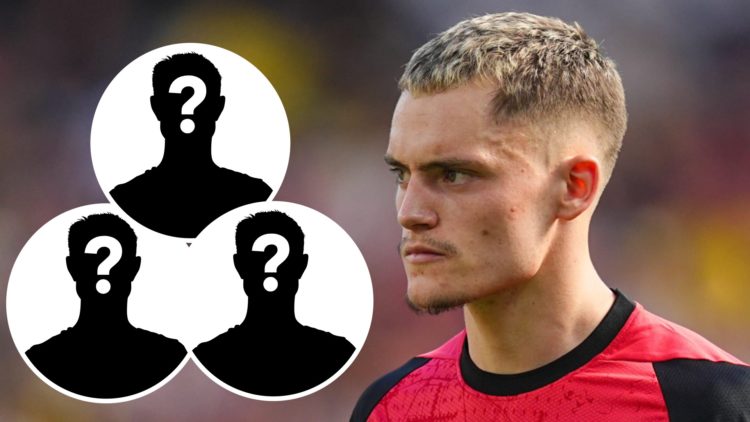 Main: Florian Wirtz on the pitch for Bayer Leverkusen. Inserts: Mystery players.