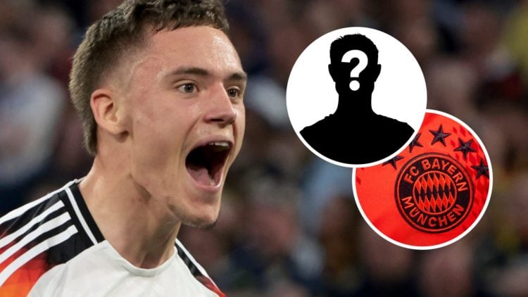 Florian Wirtz celebrates scoring for Germany against Scotland during the Euro 2024 match in Munich. Mystery player silhouette with question mark. B...