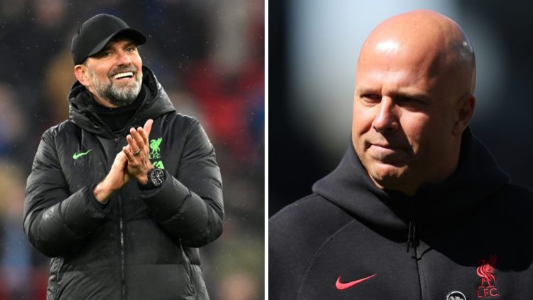 Left: Jurgen Klopp clapping the Liverpool fans on the touchline. Right: Arne Slot looking happy in the Liverpool training ground.