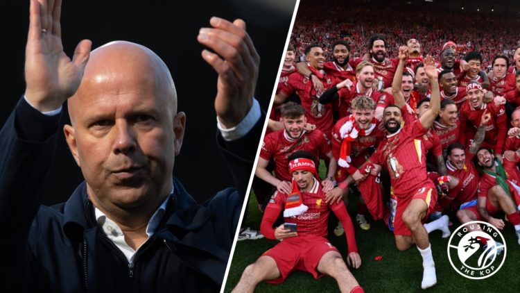 Arne Slot applauds supporters after Liverpool lose against Fulham in the Premier League at Craven Cottage. Liverpool players celebrate with a photo...