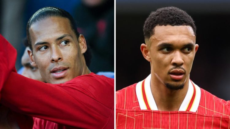 Virgil van Dijk looks on from the bench during Liverpool's Premier League clash with Brighton. Trent Alexander-Arnold stands while Liverpool play C...