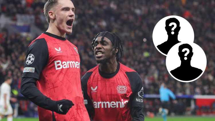 Bayer Leverkusen players Jeremie Frimpong and Florian Wirtz with two mystery player inserts