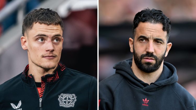 Bayer Leverkusen midfielder Florian Wirtz and Manchester United manager Ruben Amorim
