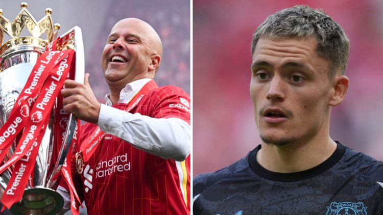 Arne Slot lifts the Premier League trophy at Anfield. Florian Wirtz in Bundesliga action for Bayer Leverkusen against Borussia Dortmund.