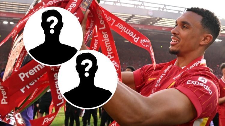 Trent Alexander-Arnold of Liverpool lifts the Premier League trophy at Anfield. Mystery player silhouette with question mark.