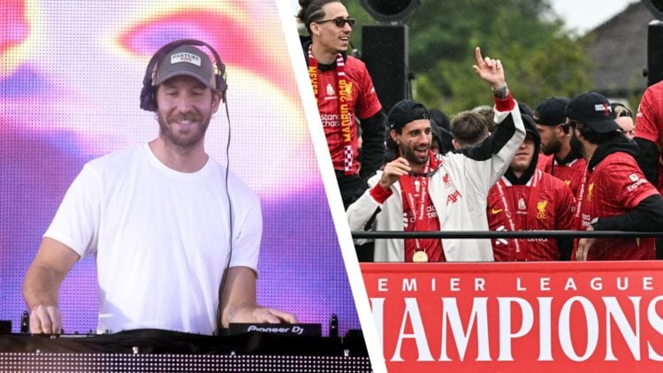 Calvin Harris DJ's during Soundstorm in Riyadh. Liverpool players stand atop an open-top bus during their 2025 Premier League title-winners parade.