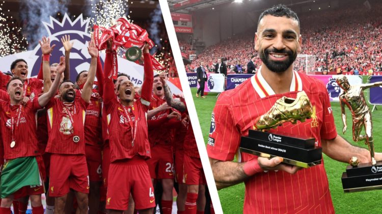 Virgil van Dijk lifts the Premier League trophy surrounded by teammates at Anfield. Liverpool's Mohamed Salah poses with his Premier League Golden ...