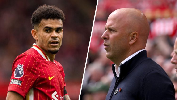 Left: Luis Diaz pictured playing for Liverpool against West Ham United. Right: Arne Slot pictured on the Liverpool touchline as they play West Ham ...