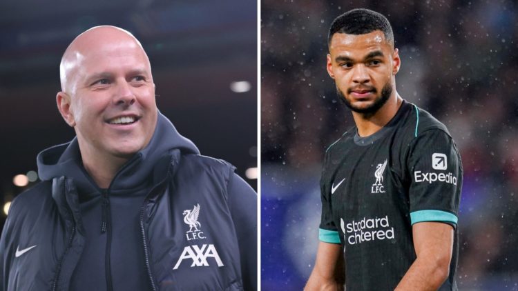 Left: Arne Slot on the Liverpool touchline smiling. Right: Cody Gakpo caught in action for Liverpool.