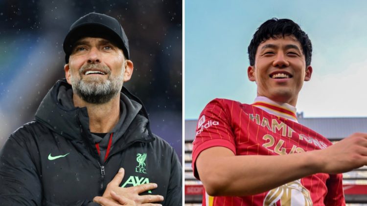 Jurgen Klopp thanks Liverpool supporters after managing his last Premier League away game at Villa Park. Liverpool midfielder Wataru Endo smiles as...