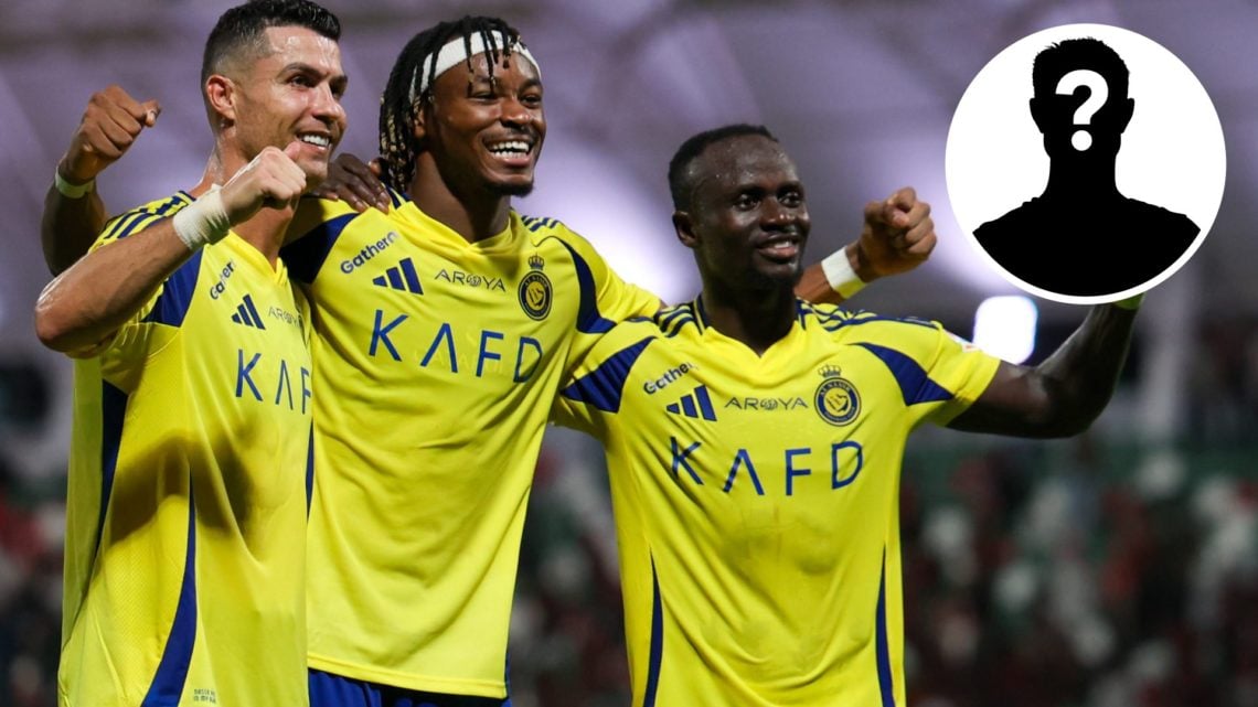 Al-Nassr players Cristiano Ronaldo, Mohamed Simakan and Sadio Mane with a mystery player insert