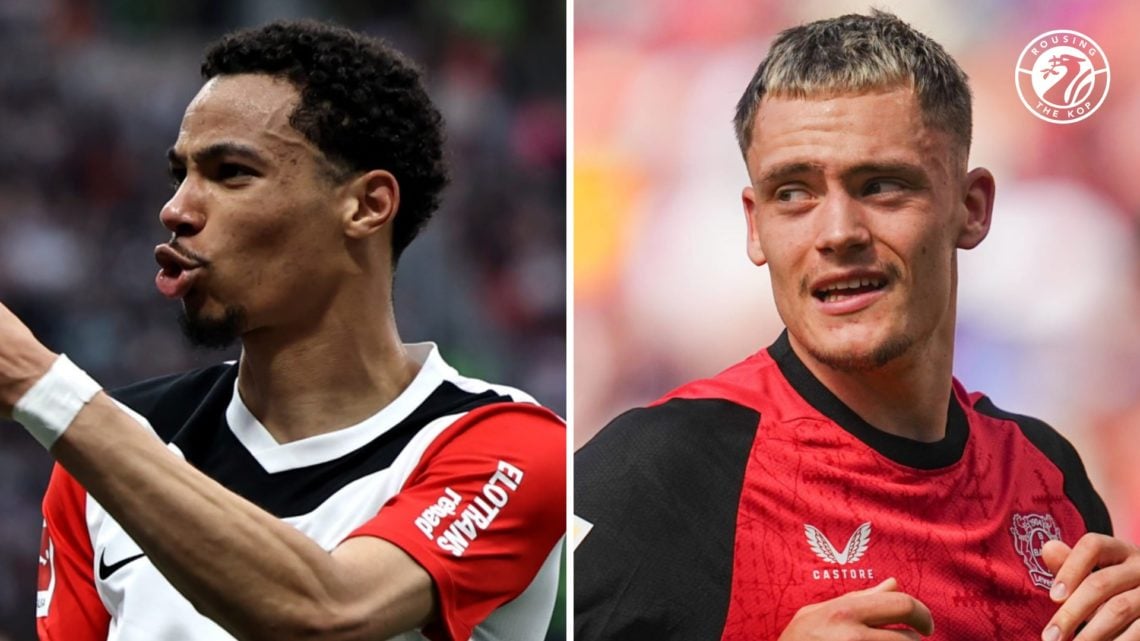 Hugo Ekitike celebrates scoring for Eintracht Frankfurt in the Bundesliga. Florian Wirtz of Bayer Leverkusen in action against Borussia Dortmund at...