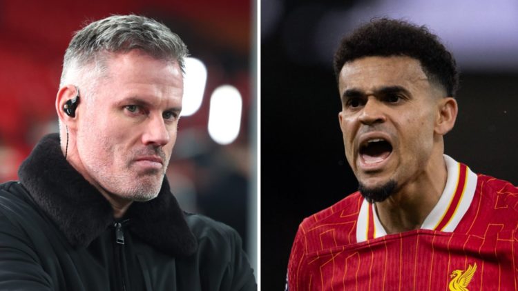 Pundit Jamie Carragher looks on ahead of the 2025 Carabao Cup final between Liverpool and Newcastle. Liverpool's Luis Diaz appeals a decision while...