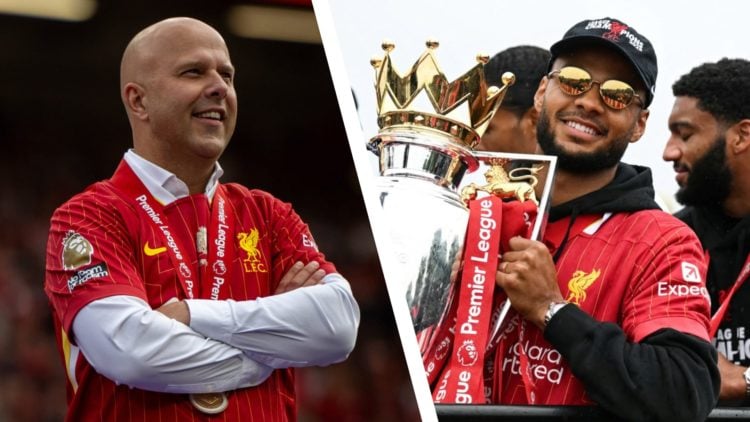 Arne Slot stands and smiles after collecting a Premier League winner's medal at Anfield. Cody Gakpo holds the Premier League trophy during Liverpoo...
