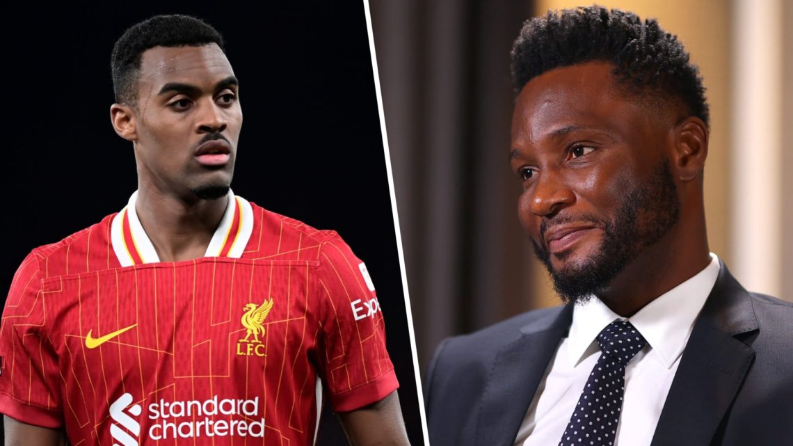 Left: Ryan Gravenberch caught in action for Liverpool. Right: John Obi-Mikel pictured smiling in a black suit.