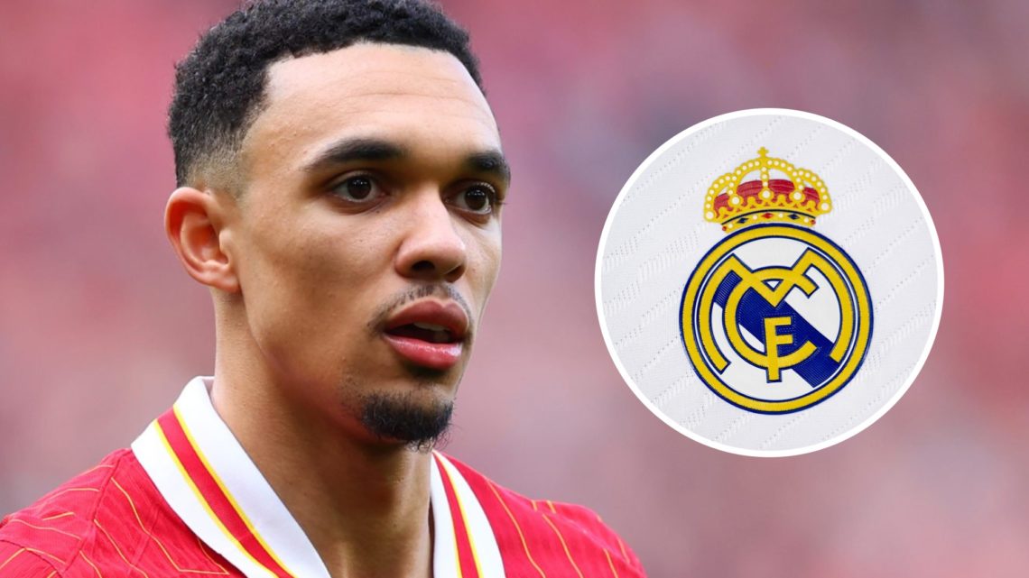 Trent Alexander-Arnold in action for Liverpool during a Premier League match against Southampton at Anfield. Real Madrid badge on the 2023/24 home ...