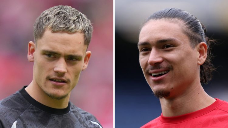 Florian Wirtz in Bundesliga action for Bayer Leverkusen against FSV Mainz. Darwin Nunez smiles while warming up for Liverpool's Premier League clas...