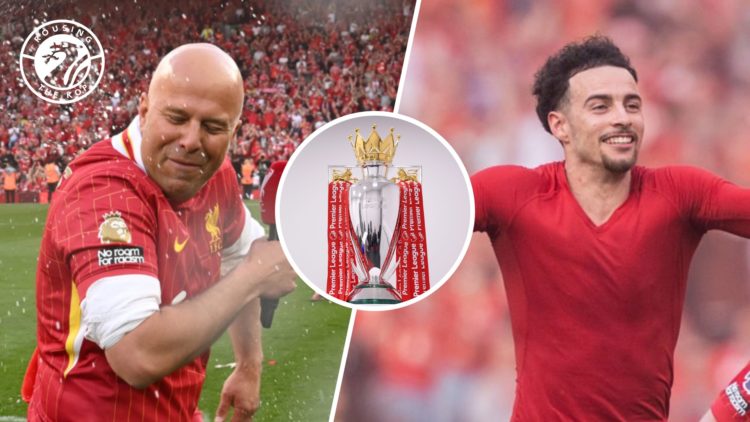 Arne Slot is showered with champagne as he addresses the Anfield crowd following Liverpool's confirmation as Premier League champions. Curtis Jones...