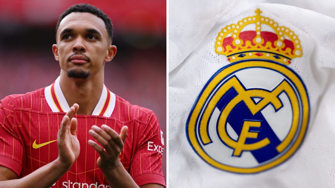 Trent Alexander-Arnold applauds fans after playing his final game for Liverpool at Anfield. Close-up of Real Madrid badge on the 2024/25 home shirt.